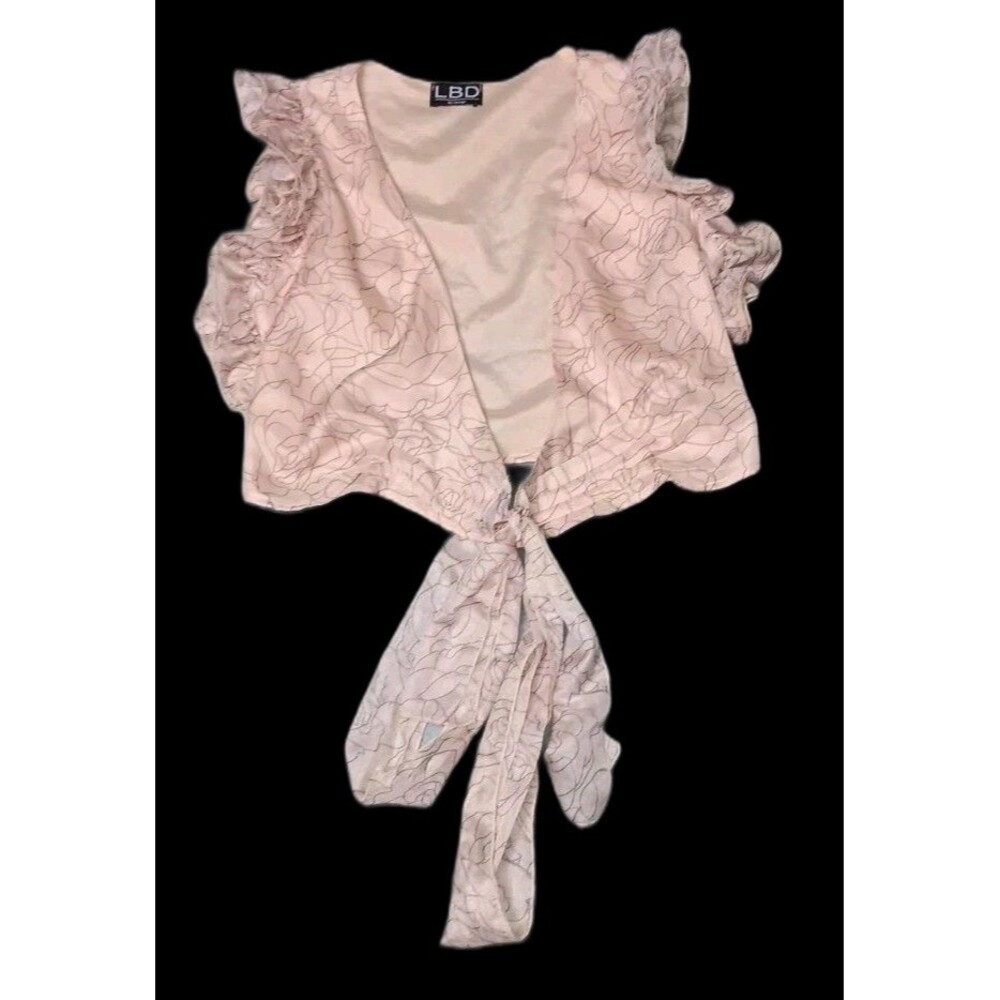 LBD Cropped Flutter Sleeve Ruffled Shrug Cardigan M Blush Pink Rose Line Art